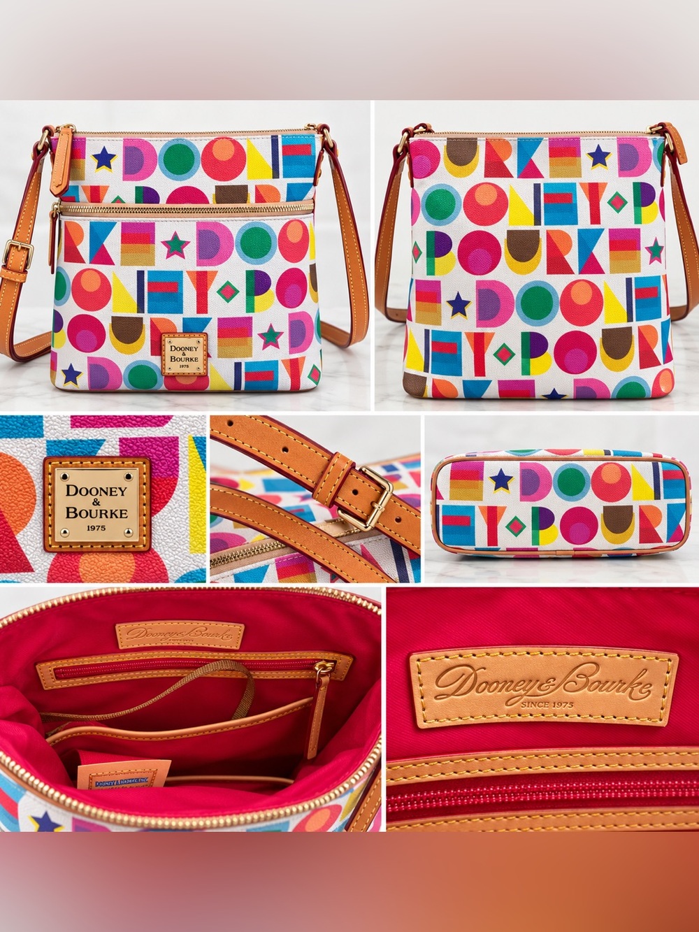 Dooney & Bourke Multicolor Geometric Print Crossbody Bag Leather Trim. NEW